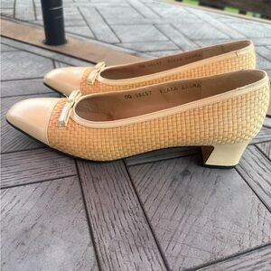 Salvatore Ferragamo Woven Cream and Tan Women's Pumps.